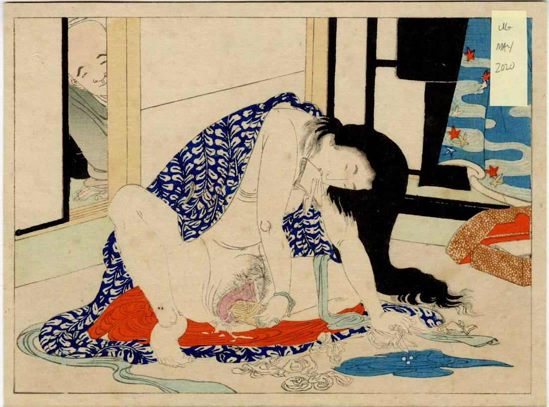 Unsigned - Voyeurism Self-Pleasure Shunga c1870 original NR (1 of 2)