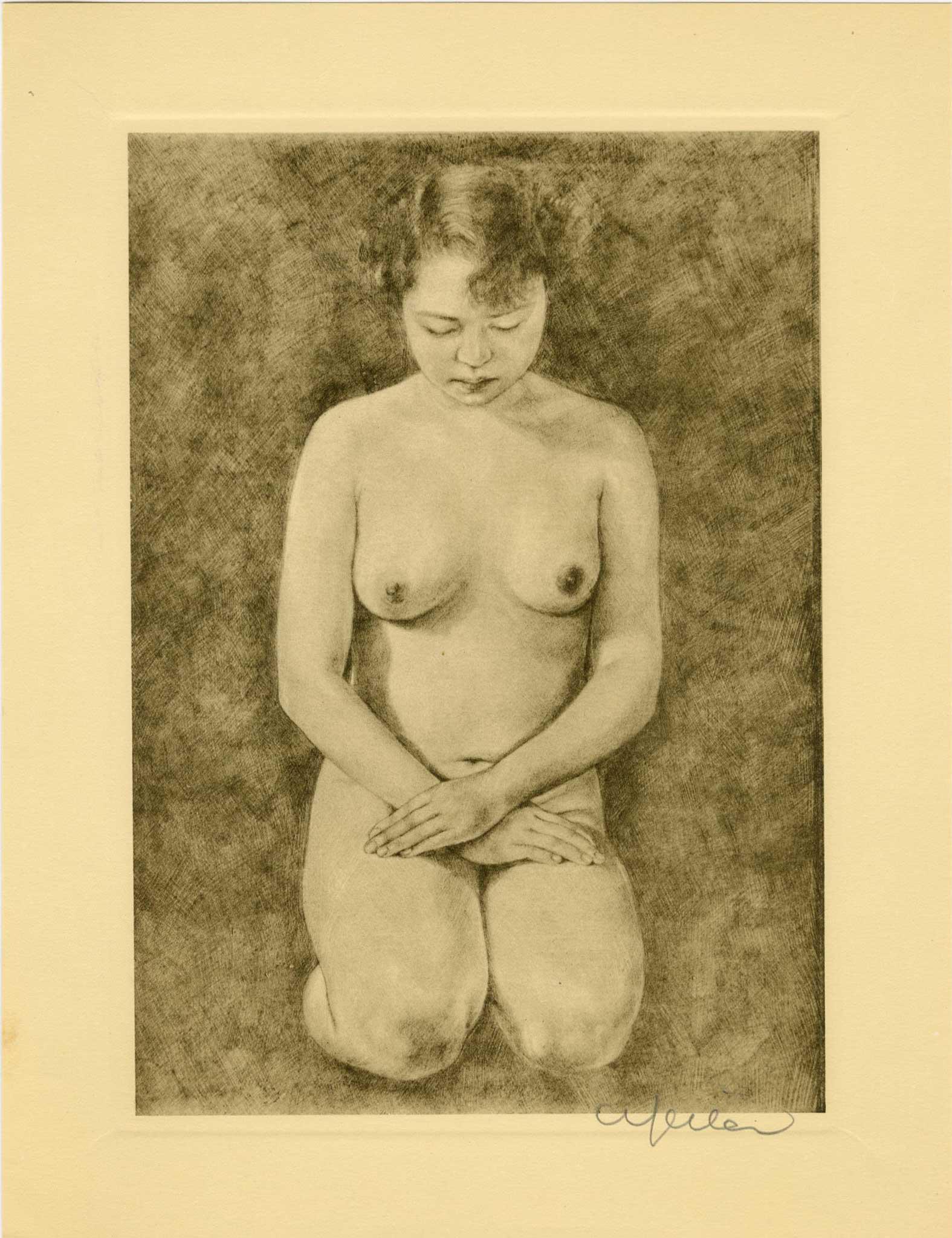 Willy Seiler: Kneeling Nude c.1945-50 Etching: Etching, c.1945-1950, hand colored etching, self-published by Seiler, pencil signed in lower margin SIZE IN INCHES: chuban, 8 x 10 inches WILLY SEILER (1903-1997) was born in 1903 in Germany. He start