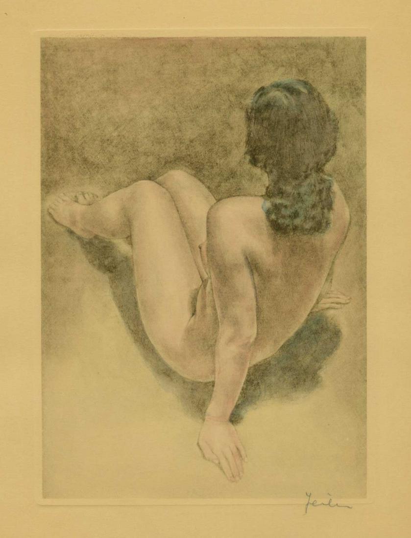 Willy Seiler: Seated Nude c.1945-50 Etching: Etching, c.1945-1950, hand colored etching, self-published by Seiler, pencil signed in lower margin SIZE IN INCHES: chuban, 9.75 x 7.125 inches WILLY SEILER (1903-1997) was born in 1903 in Germany. He