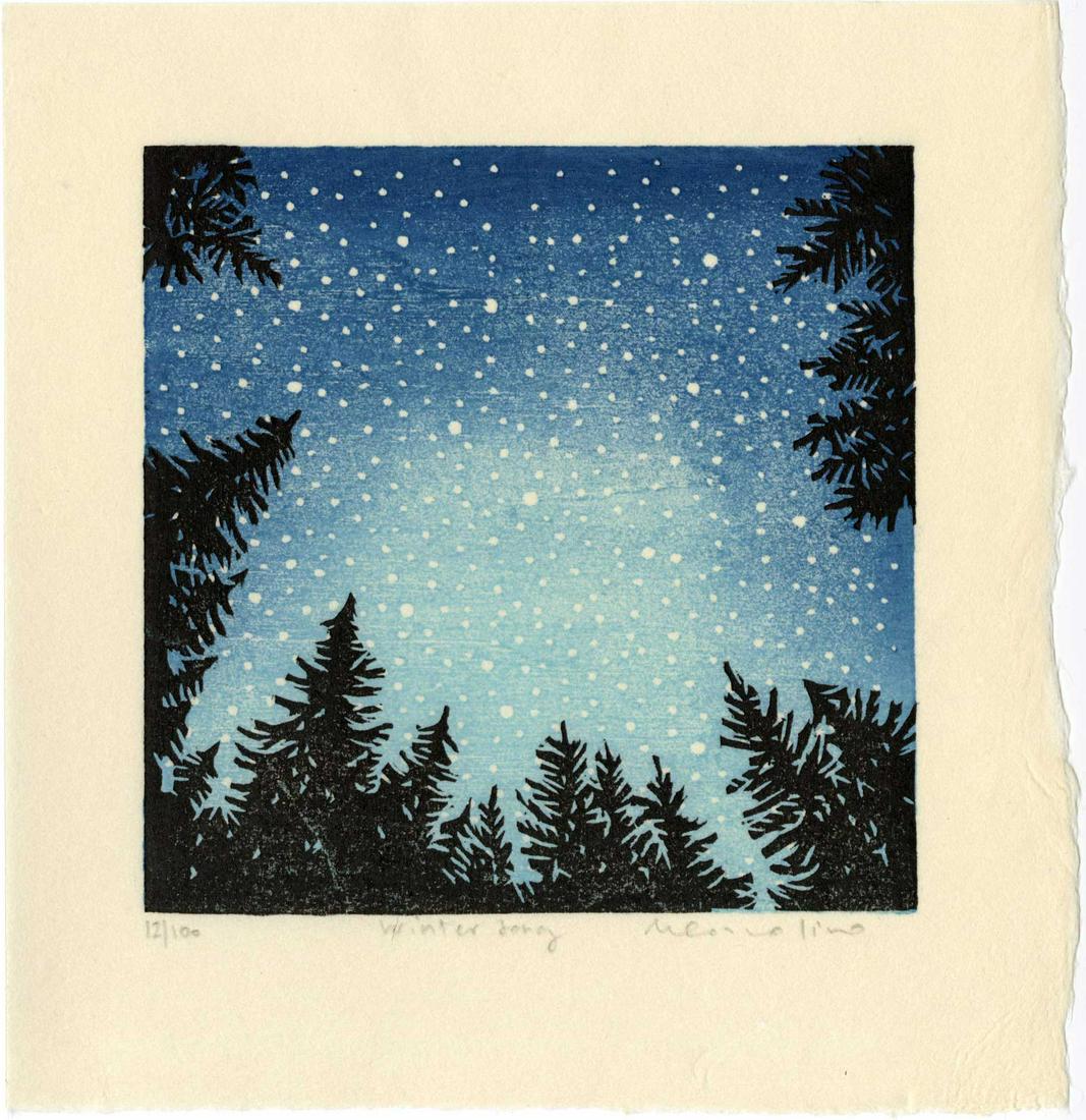 Mara Cozzolino: Winter Song 1st Ed Woodblock: Japanese Style Reduction Woodblock Print, 2019, self published by Mara Cozzolino, signed, titled and numbered 12/100. SIZE IN INCHES: 6 X 6 inches WHAT IS A REDUCTION WOODBLOCK PRINT? Reduction woodbl