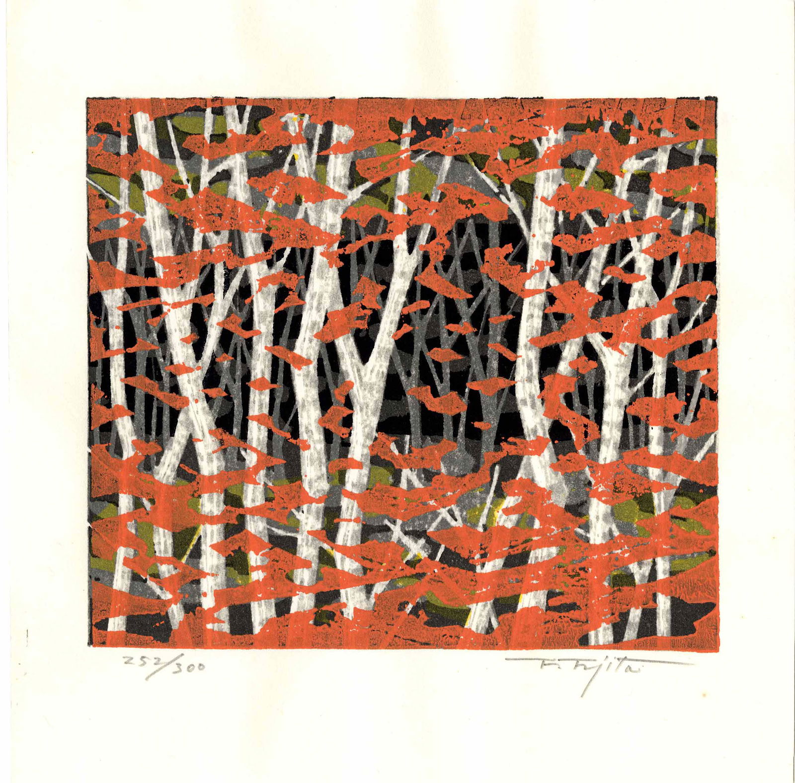Fujita Fumio: Autumn 1990 1st Edition Woodblock: Japanese Woodblock Print, 1990, 1st edition, pencil signed and numbered 252/300 by Fujita SIZE IN INCHES: 8 x 8 inches COMMENTS: Perhaps Fujita Fumio's most coveted design FUJITA FUMIO (b. 1933) was b