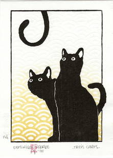 Dominique R.: Three Cats Woodblock: Woodblock Print, self published SIZE IN INCHES: 5.5 x 7.675 inches COMMENTS: Playful contemporary print showing "three" cats. Stongly embossed geometric pattern in background.