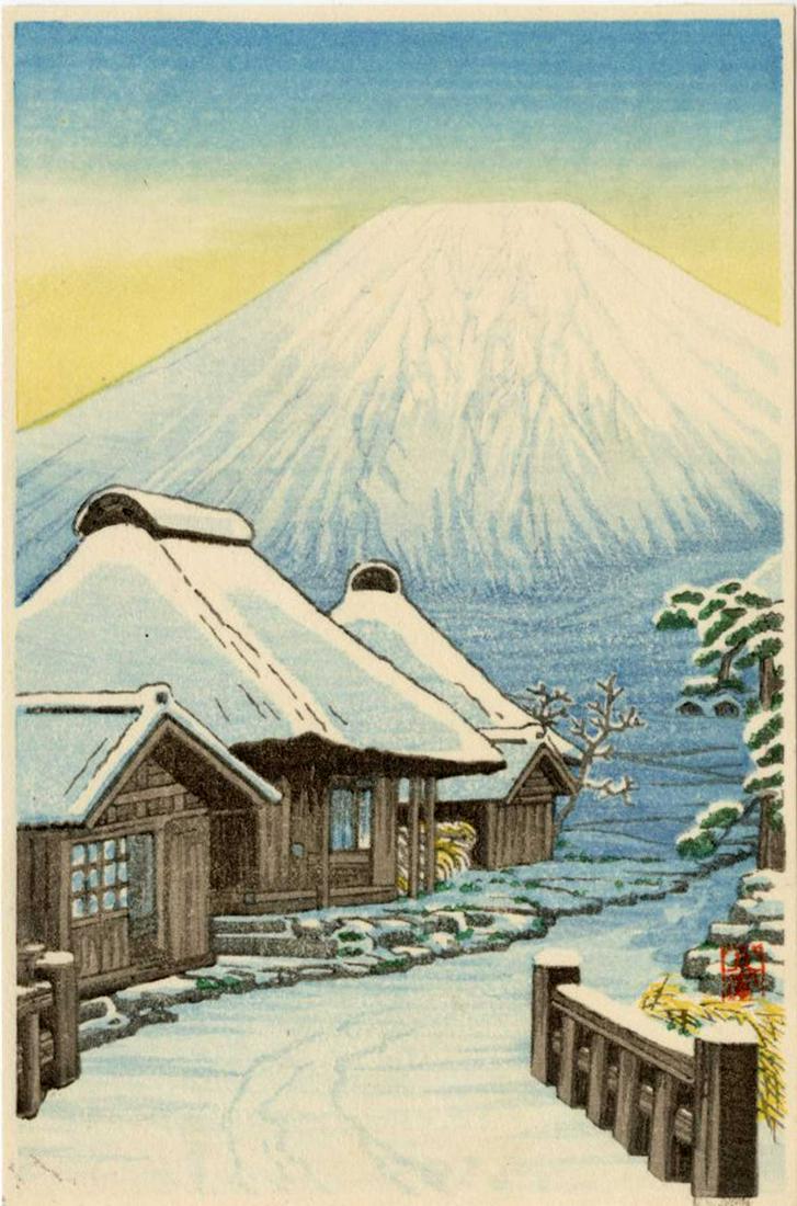 Unknown - Snowy Village Fuji c1930 woodblock NR (1 of 2)