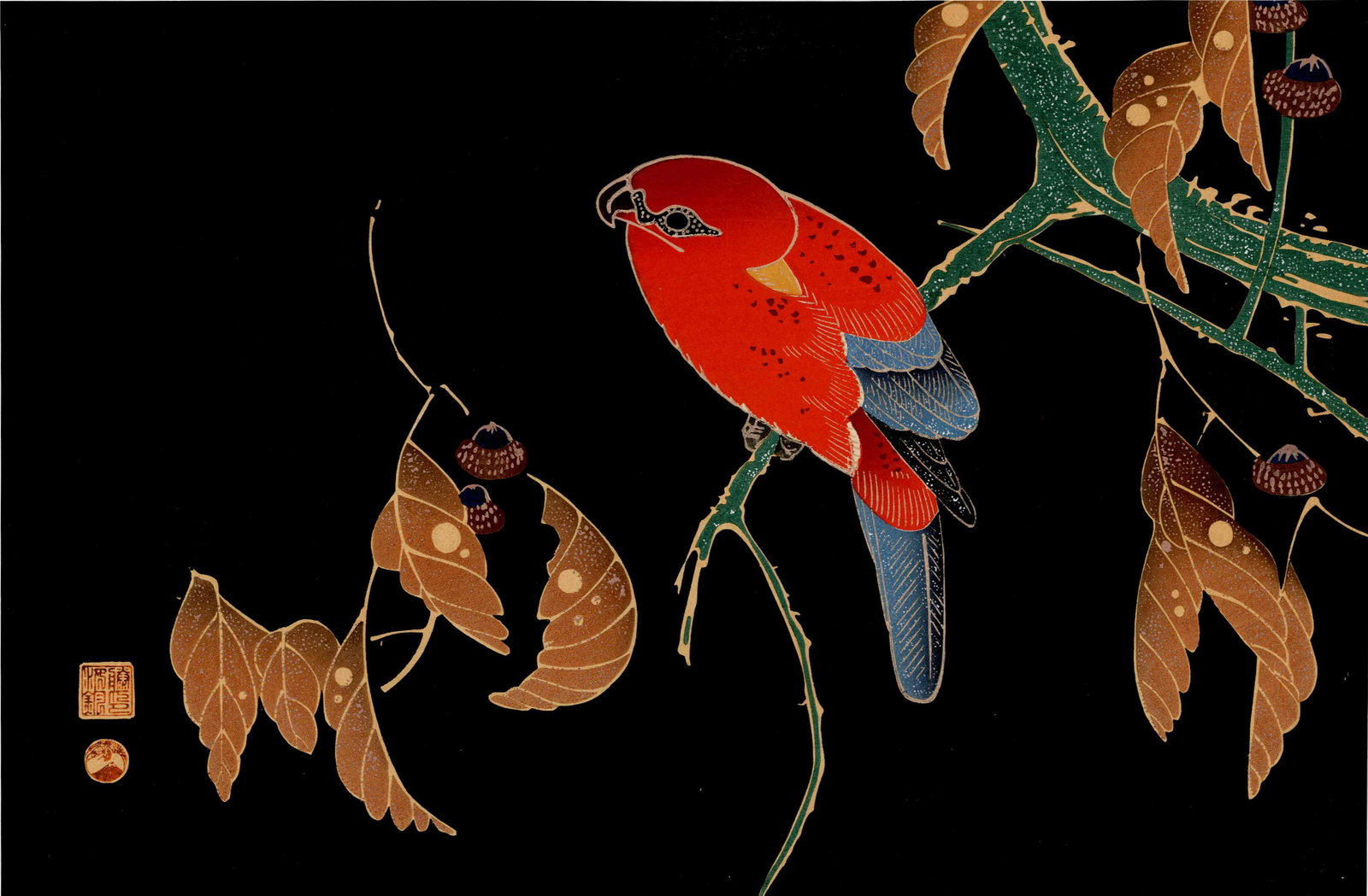 Jakuchu Ito: Parrot on Acorn 1930s Woodblock NR: Japanese Woodblock Print, 1930s published by the Shima Art Company SIZE IN INCHES: oban, 15 x 10 inches inches PROVENANCE: From the Robert O. Muller estate. ITO JAKUCHU, also called Jokin, (1716-1800)
