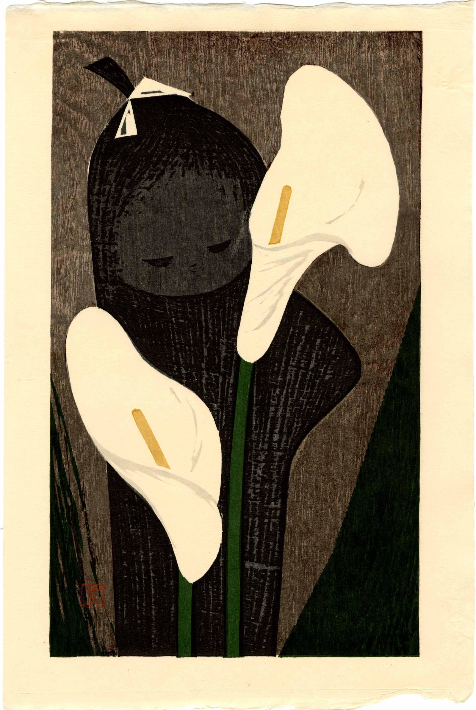 Kawano Kaora - Girl and White Calla Lilies c1950 woodblock NR: Japanese Woodblock Print, c1950's (1960s/70s printing), Kawano Studio Publisher (self-published) original print. SIZE IN INCHES: 11 x 16 (large oban) COMMENTS: Skillfully printed, extensive deep gauff