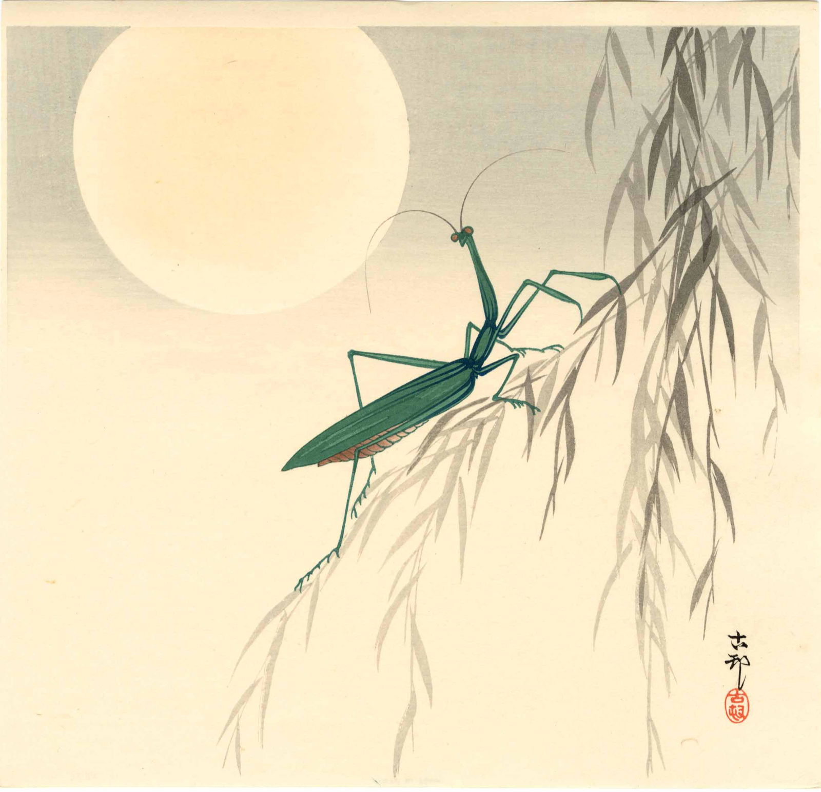 Koson Ohara: Praying Mantis Moon c1920s Woodblock NR (1 of 2)