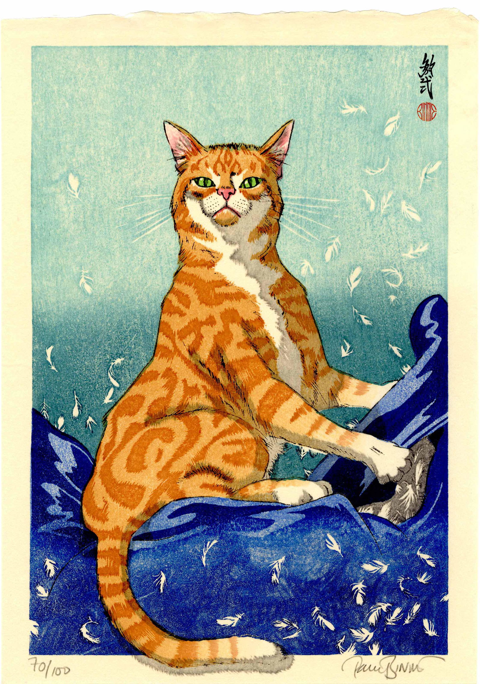 Paul Binnie: Cat Feathers (Blue) 1st Ed Woodblock: Japanese Woodblock Print, 2018, numbered 70/100, published and signed by Paul Binnie SIZE IN INCHES: 9.25 x 13.25 inches PAUL BINNIE (born 27 May 1967) is a Scottish artist working in the Japanese tra