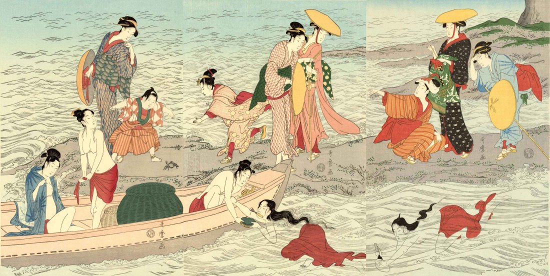 Kitagawa Utamaro: Abalone Divers Triptych 1790 Woodblock NR: ï»¿Japanese Woodblock Print, originally published 1790 by Tsuruya Kiemon, this is a Showa era edition published by Takamizawa and printed from recarved woodblocks SIZE IN INCHES: Each panel approx 