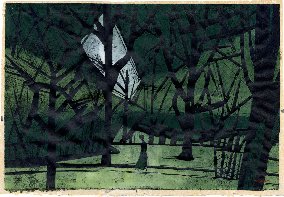 Ono Tadashige: Hyde Park London c.1960 1st Ed Woodblock (1 of 2)