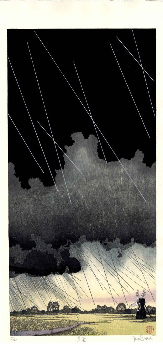 Paul Binnie: Black Storm 1st Edition 2016 Woodblock: A reduction woodblock print, with artist's red circular seal at lower left, BINNIE, numbered, titled and signed in pencil on the lower margin, 33/40, Kokuran, Paul Binnie, June 2016 SIZE IN INCHES: ap