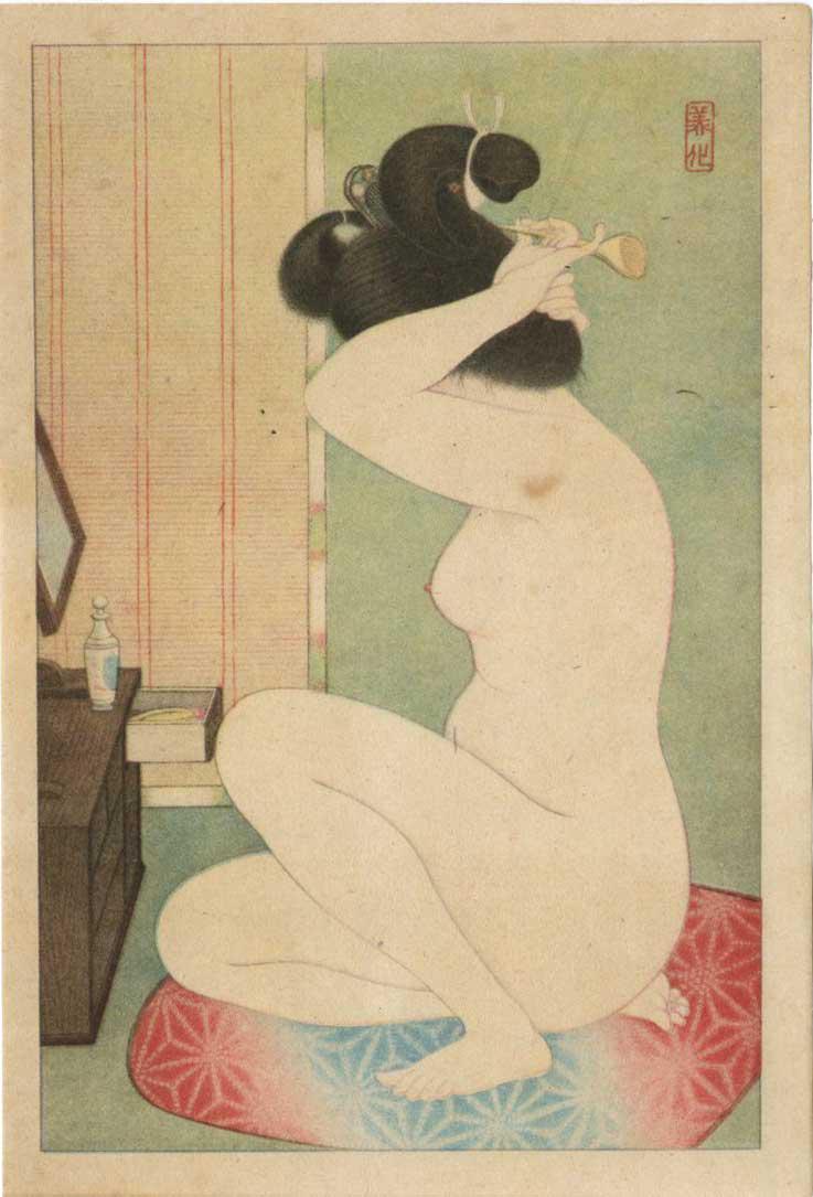 Shinsui Ito: Woman Before a Mirror Shunga: Japanese Lithograph, Taisho/early-Showa era 1920-30s, Publisher unknown. SIZE IN INCHES: koban, 5 x 7.25 inches COMMENTS: Taisho era Ito Shinsui lithograph from a set titled "Fragrant Beauties" ITO SH