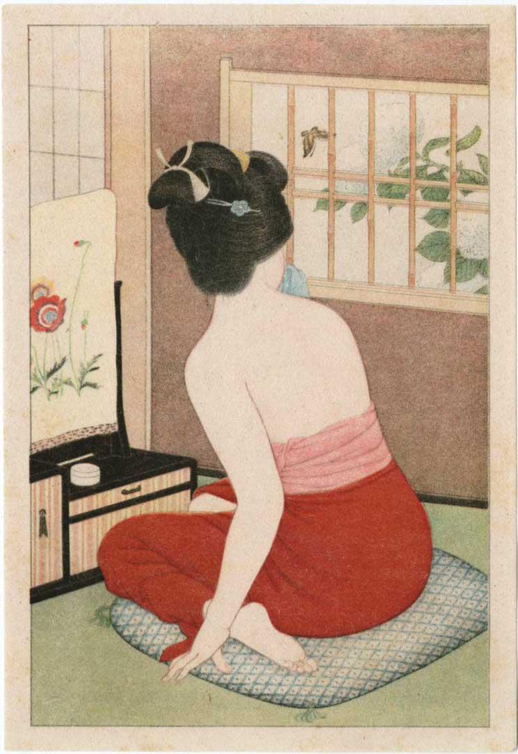 Shinsui Ito: Woman Before a Mirror Shunga: Japanese Lithograph, Taisho/early-Showa era 1920-30s, Publisher unknown. SIZE IN INCHES: koban, 5 x 7.25 inches COMMENTS: Taisho era Ito Shinsui lithograph from a set titled "Fragrant Beauties" ITO SH