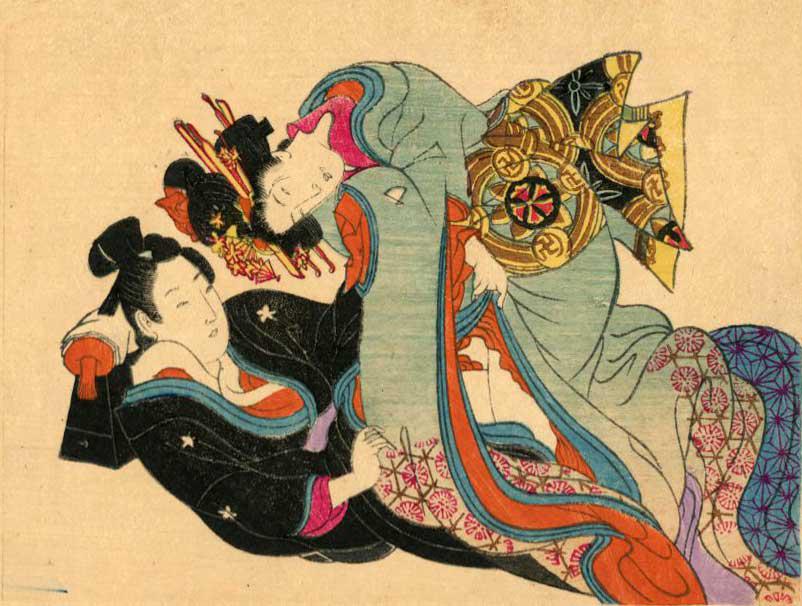 Meiji Era Opening Her Kimono Shunga Woodblock NR: Japanese Woodblock Print, Early Showa era, publisher unknown, stong embossing SIZE IN INCHES: 5 x 4 inches COMMENTS: Shunga is a Japanese term for erotic art. Most shunga are a type of ukiyo-e, usuall