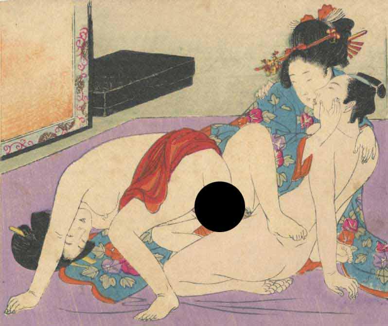 Meiji Era Menage a Trois Shunga Woodblock NR: Japanese Woodblock Print, Early Showa era, publisher unknown, stong embossing SIZE IN INCHES: 5 x 4 inches COMMENTS: Shunga is a Japanese term for erotic art. Most shunga are a type of ukiyo-e, usuall