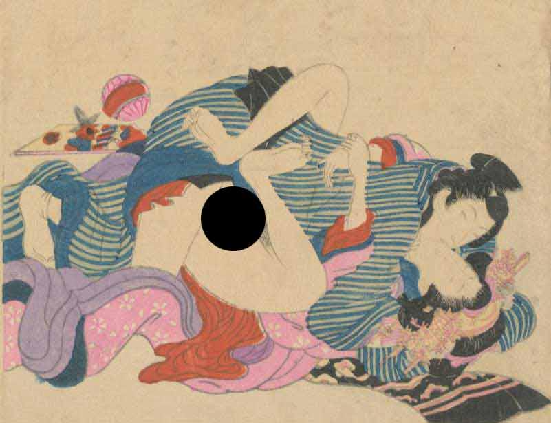 Meiji Era Leg Wrap Shunga Woodblock NR: Japanese Woodblock Print, Early Showa era, publisher unknown, stong embossing SIZE IN INCHES: 5 x 4 inches COMMENTS: Shunga is a Japanese term for erotic art. Most shunga are a type of ukiyo-e, usuall