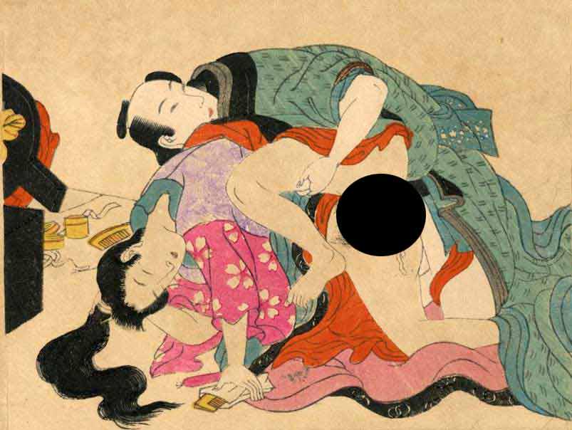Meiji Era Interrupted While Combing Shunga Woodblock NR: Japanese Woodblock Print, Early Showa era, publisher unknown, stong embossing SIZE IN INCHES: 5 x 4 inches COMMENTS: Shunga is a Japanese term for erotic art. Most shunga are a type of ukiyo-e, usuall