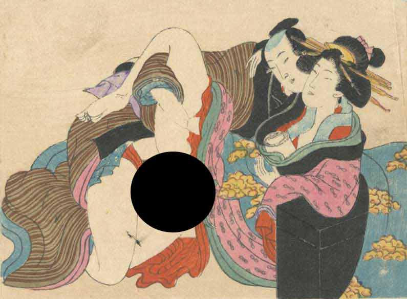 Meiji Era Happy Couple Shunga Woodblock NR: Japanese Woodblock Print, Early Showa era, publisher unknown, stong embossing SIZE IN INCHES: 5 x 4 inches COMMENTS: Shunga is a Japanese term for erotic art. Most shunga are a type of ukiyo-e, usuall
