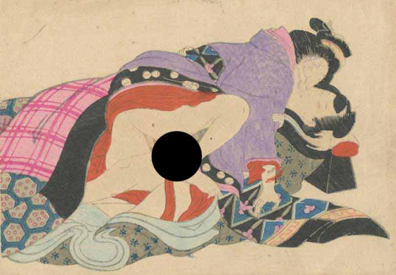 Meiji Era Girl's Gotta Have It Shunga Woodblock NR: Japanese Woodblock Print, Early Showa era, publisher unknown, stong embossing SIZE IN INCHES: 5 x 4 inches COMMENTS: Shunga is a Japanese term for erotic art. Most shunga are a type of ukiyo-e, usuall