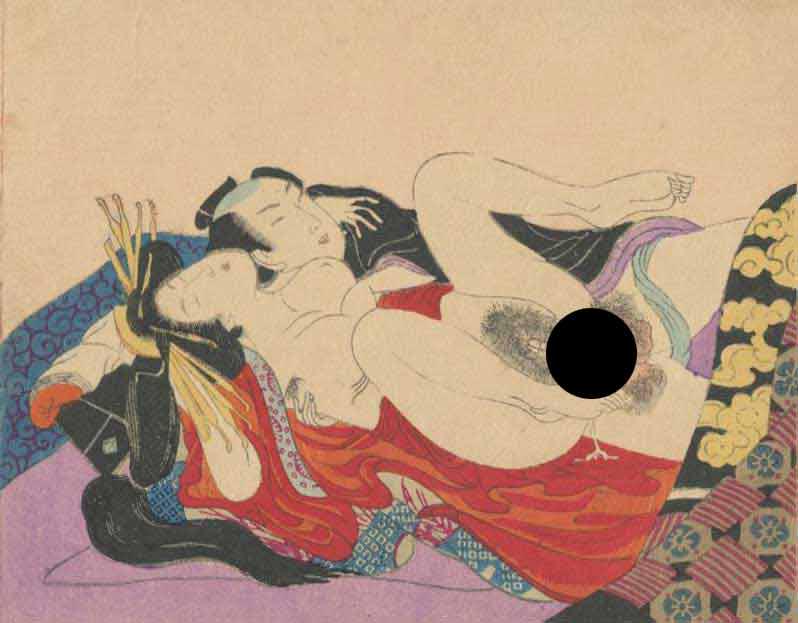 Meiji Era Ecstatic Shunga Woodblock NR: Japanese Woodblock Print, Early Showa era, publisher unknown, stong embossing SIZE IN INCHES: 5 x 4 inches COMMENTS: Shunga is a Japanese term for erotic art. Most shunga are a type of ukiyo-e, usuall