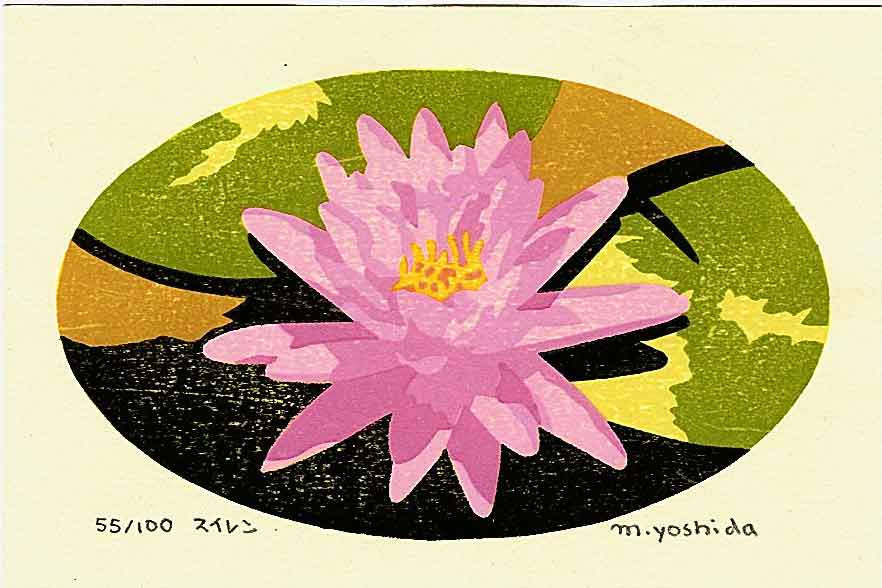 Masaki Yoshida: Lotus Blossom 2006 1st Ed. Woodblock NR: Japanese Woodblock Print, 2006, self published by Masaki Yoshida, signed and numbered 554/100 in the lower margin SIZE IN INCHES: 6.5 x 6.5 inches