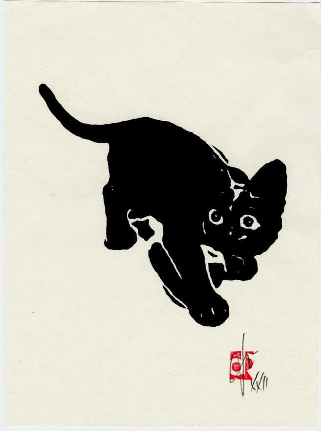 Dominique R.: Black Kitten Woodblock NR (1 of 2)