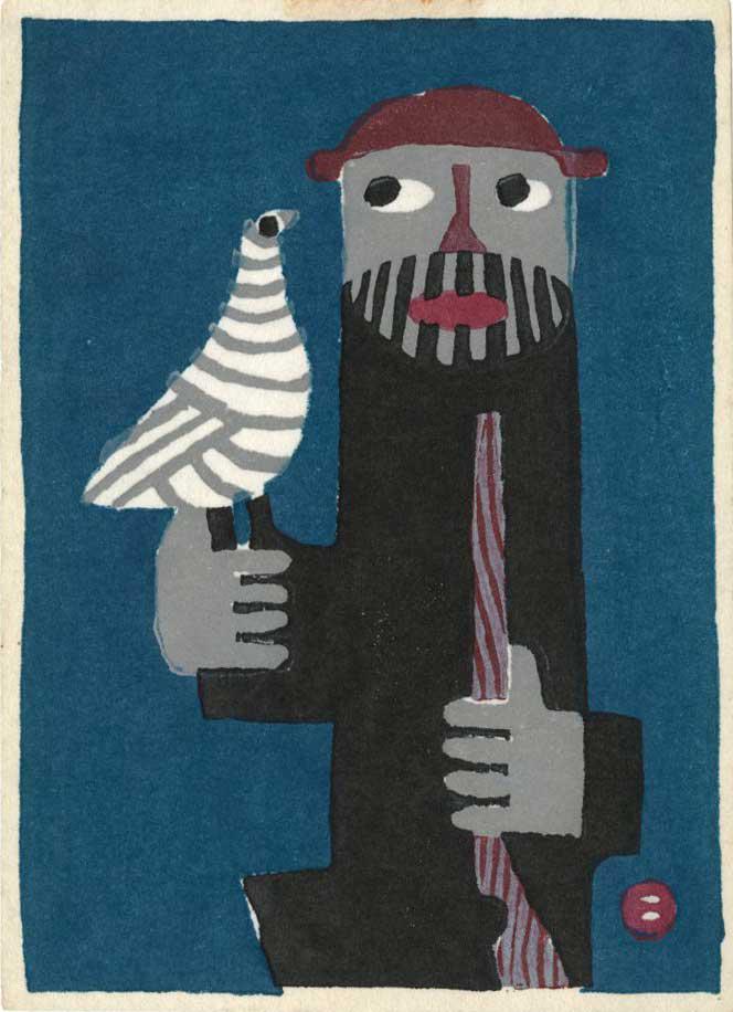 Azechi Umetaro: Hunter With a Bird 1950s Woodblock: Japanese Woodblock Print, 1950s self-published by Azechi Umetaro SIZE IN INCHES: 4.25 x 6 inches AZECHI UMETARO (1902-1999) was born to an impoverished farming family in Ehime prefecture on remote Shi