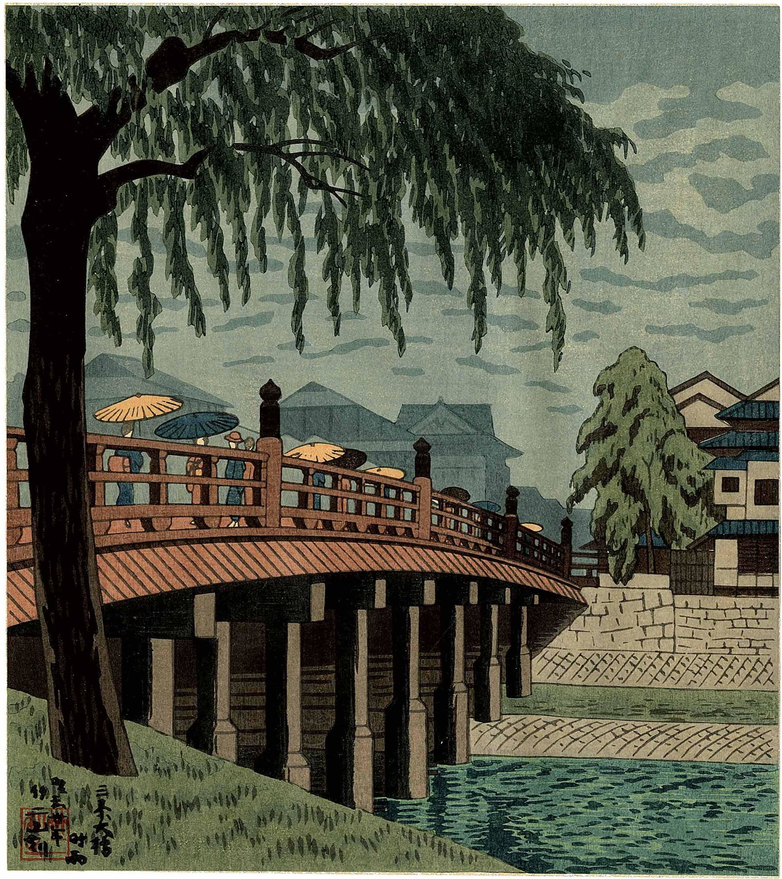 Asano Takeji: Sanjo Bridge Kyoto 1955 Woodblock: Japanese Woodblock Print, 1955, 1st edition from the series, Famous Places in Kyoto (first series), self published by Takeji Asano SIZE IN INCHES: shikishi with decorative border and backing, 10 x 11 