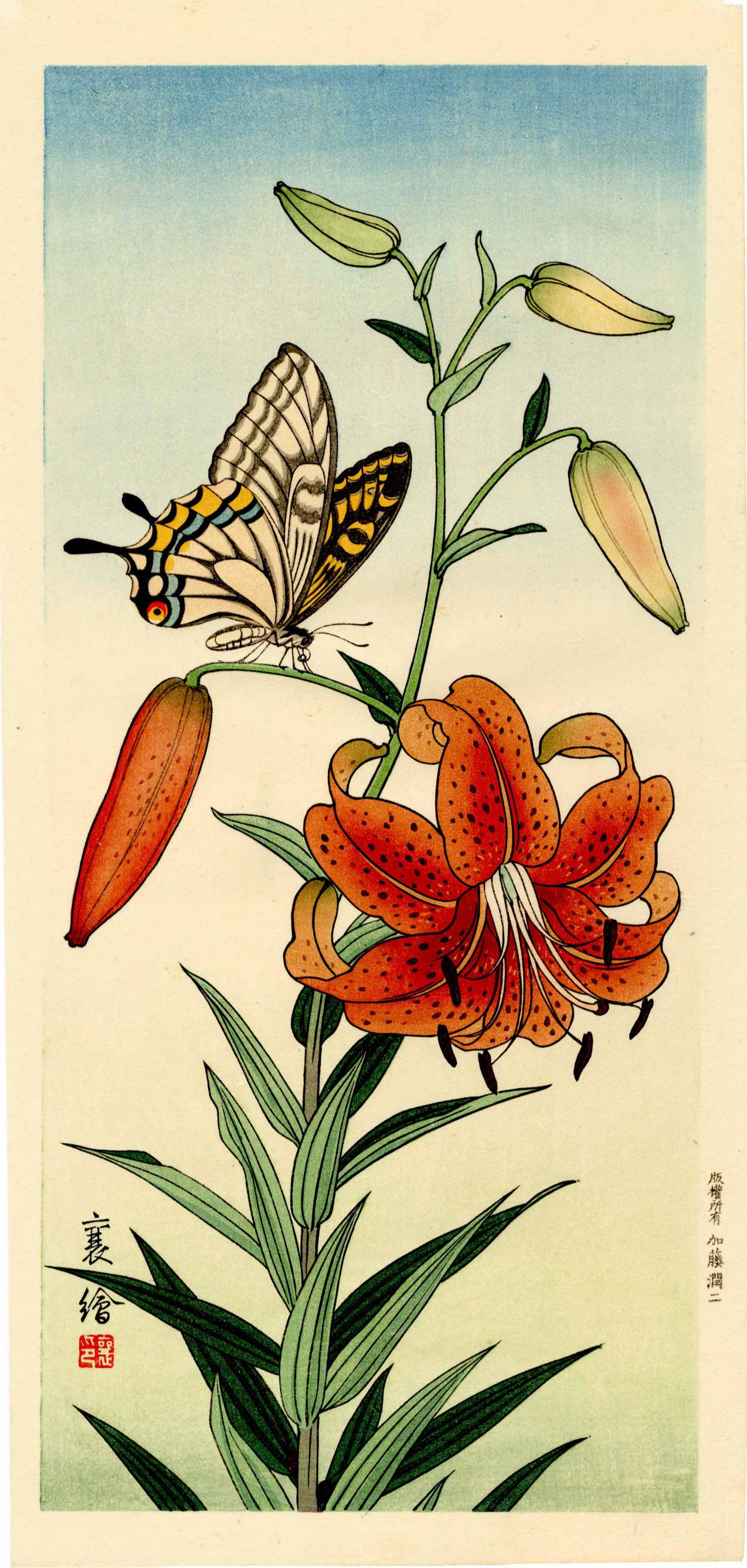 Hashimoto Yuzuru (Jo): Butterfly and Tiger Lily 1930s Woodblock NR (1 of 2)