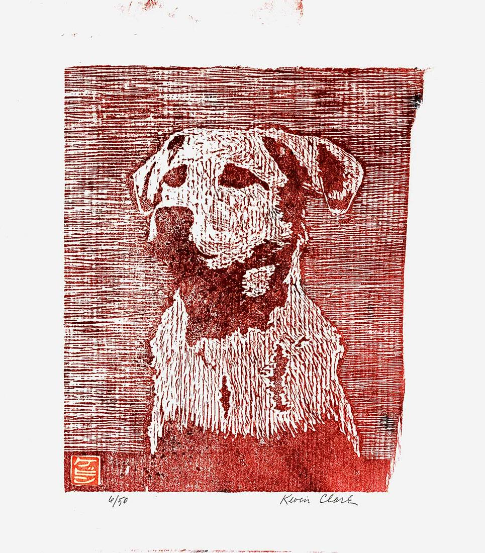Kevin Clark - My Dog (Jelly) #6/50 2001 woodblock NR: Japanese Woodblock Print, 2001, Self-carved, self printed, pencil-signed/numbered by artist. Limited Ed #6/50. SIZE IN INCHES: 9.5 x 11 COMMENTS: Boldly carved and crisply printed in "semi-sosaku hang