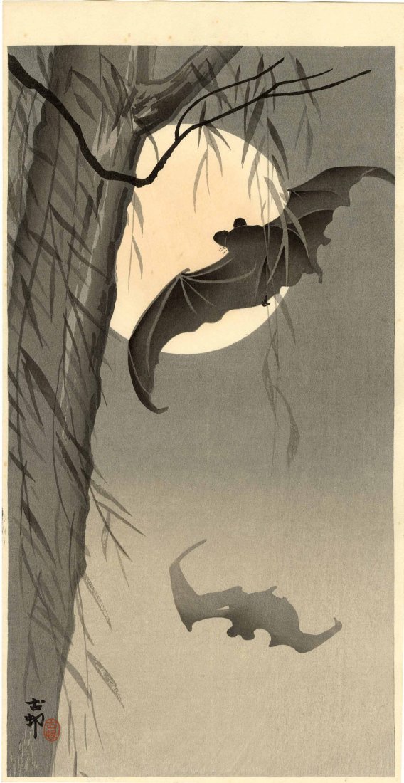 Ohara Koson: Bats Under a Full Moon 1920s Woodblock (1 of 2)