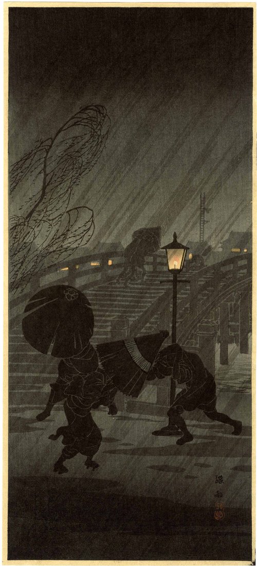 Shotei (Hiroaki): Sudden Shower Near Bridge 1936 Woodblock: Japanese Woodblock Print, 1936, published by Shozaburo Watanabe SIZE IN INCHES: ohosoban, approx. 7 x 15.25 inches PROVENANCE: From the Robert O. Muller estate. TAKAHASHI SHOTEI (1871-1945) was born i