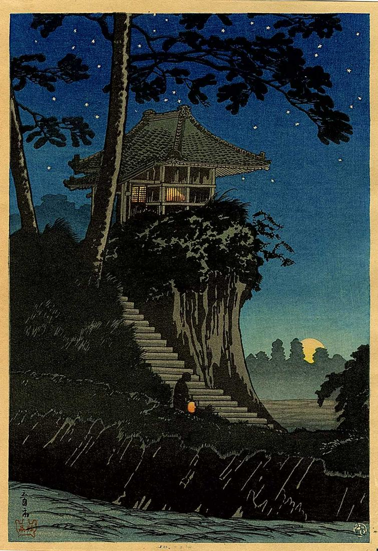 Shotei Takahashi - Moonrise at Tokumochi MULLER c1930 NR: Japanese Woodblock Print, 1936, Watanabe Publisher SIZE IN INCHES: 7 x 10 (chuban) PROVENANCE: The Robert O. Muller Estate COMMENTS: Skillfully printed "bokashi" shading, light "gauffrage" (embossing)