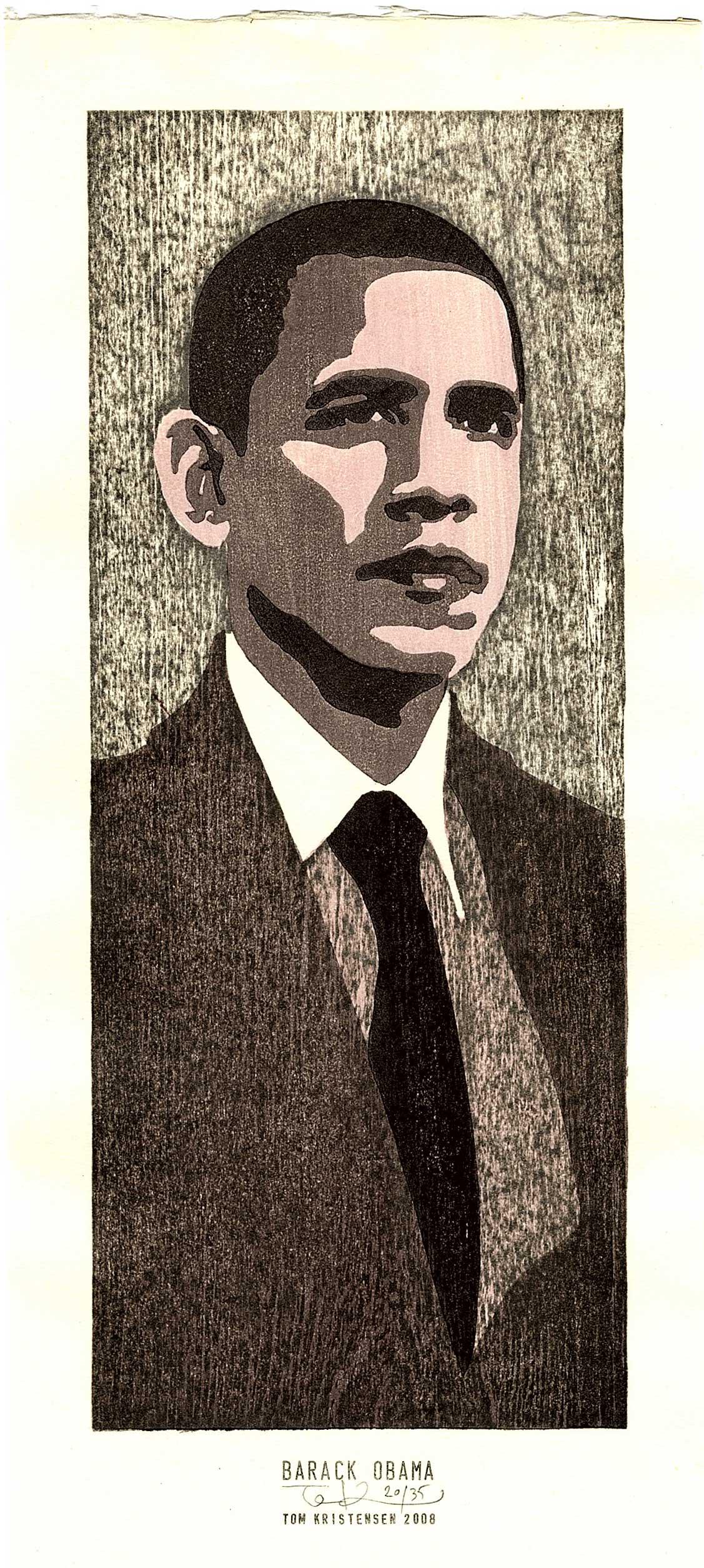 Tom Kristensen - Barack Obama #20/35 2008 woodblock NR: Japanese Woodblock Print, 2008, Self-carved, self printed, pencil-signed/numbered by artist. Limited Ed #20/35. SIZE IN INCHES: 5.75 x 14.25 COMMENTS: Boldly carved and crisply printed in "semi-sosaku