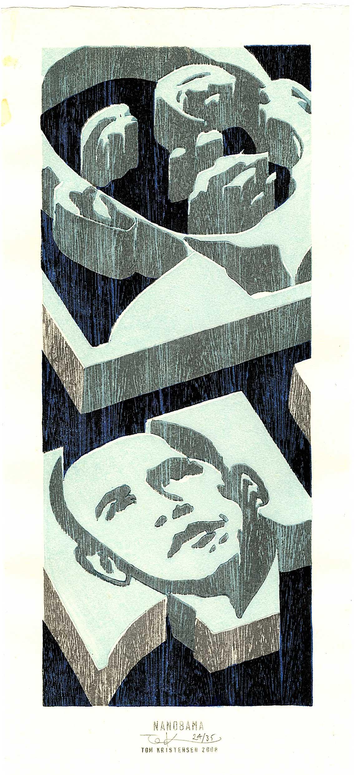 Tom Kristensen - Nanobama #24/35 2008 woodblock NR: Japanese Woodblock Print, 2008, Self-carved, self printed, pencil-signed/numbered by artist. Limited Ed #24/35. SIZE IN INCHES: 5.75 x 14.25 COMMENTS: Boldly carved and crisply printed in "semi-sosaku