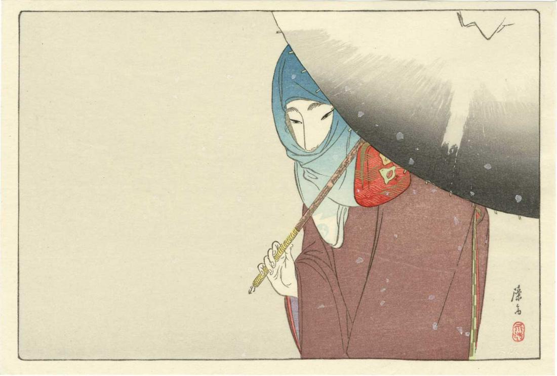 Tomioka Eisen: Woman with Umbrella in Snow Woodblock NR: Japanese Woodblock Print, originally published 1905, this is a later posthumous printing SIZE IN INCHES: koban, 9.5 x 6.25inches TOMIOKA EISEN (1864-1905 ) was well attuned to the fashions and subtlet
