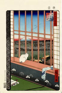 Ando Hiroshige: Cat and Mt Fuji Woodblock: Japanese Woodblock Print, originally published 1857, he print at auction is a particularly accurate 20th century impression from recarved wood blocks, full title: "Asakusa Ricefields and Torinomachi F