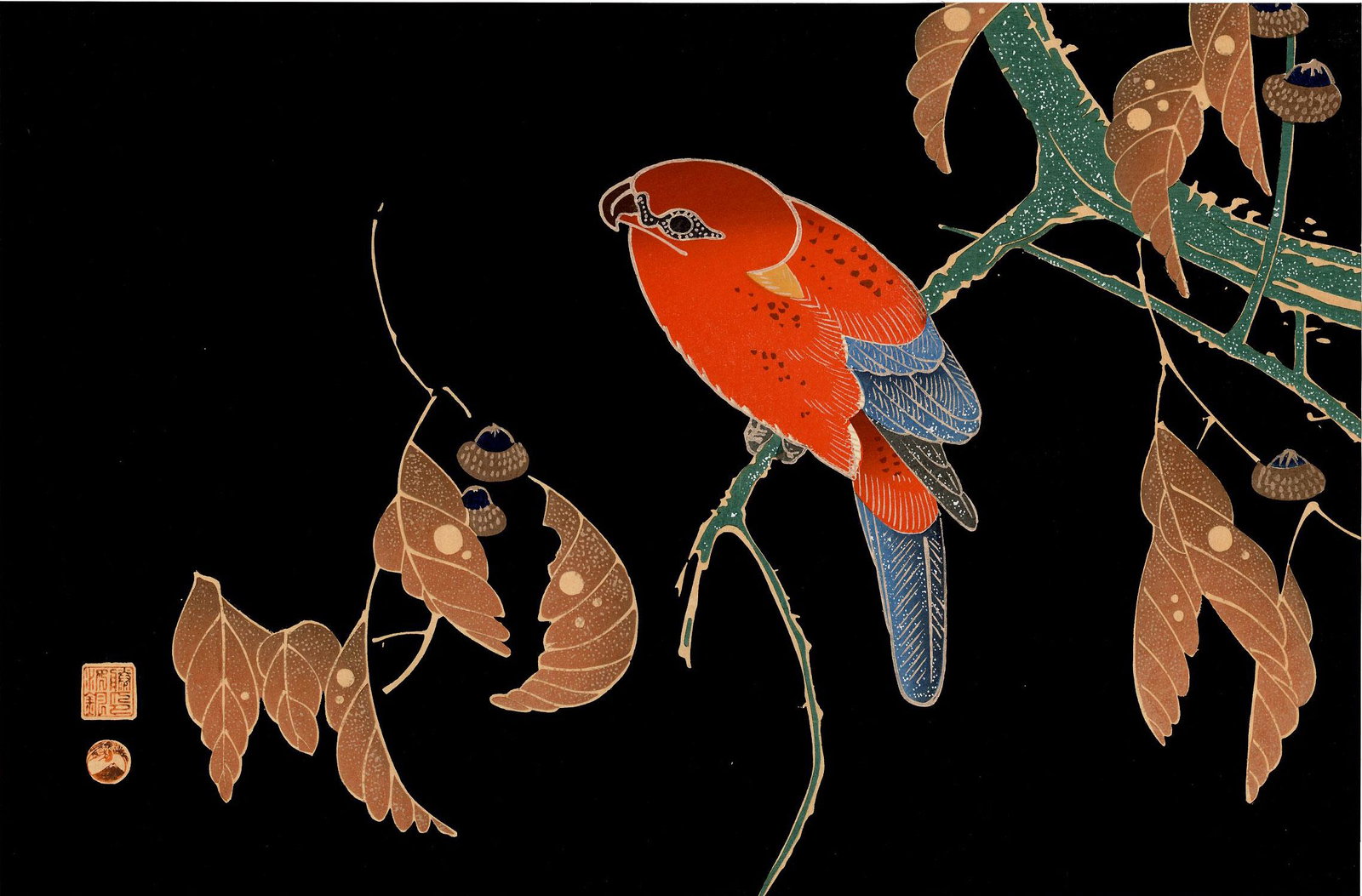 Jakuchu Ito: Red Parrot and Acorns 1930s Woodblock NR (1 of 2)
