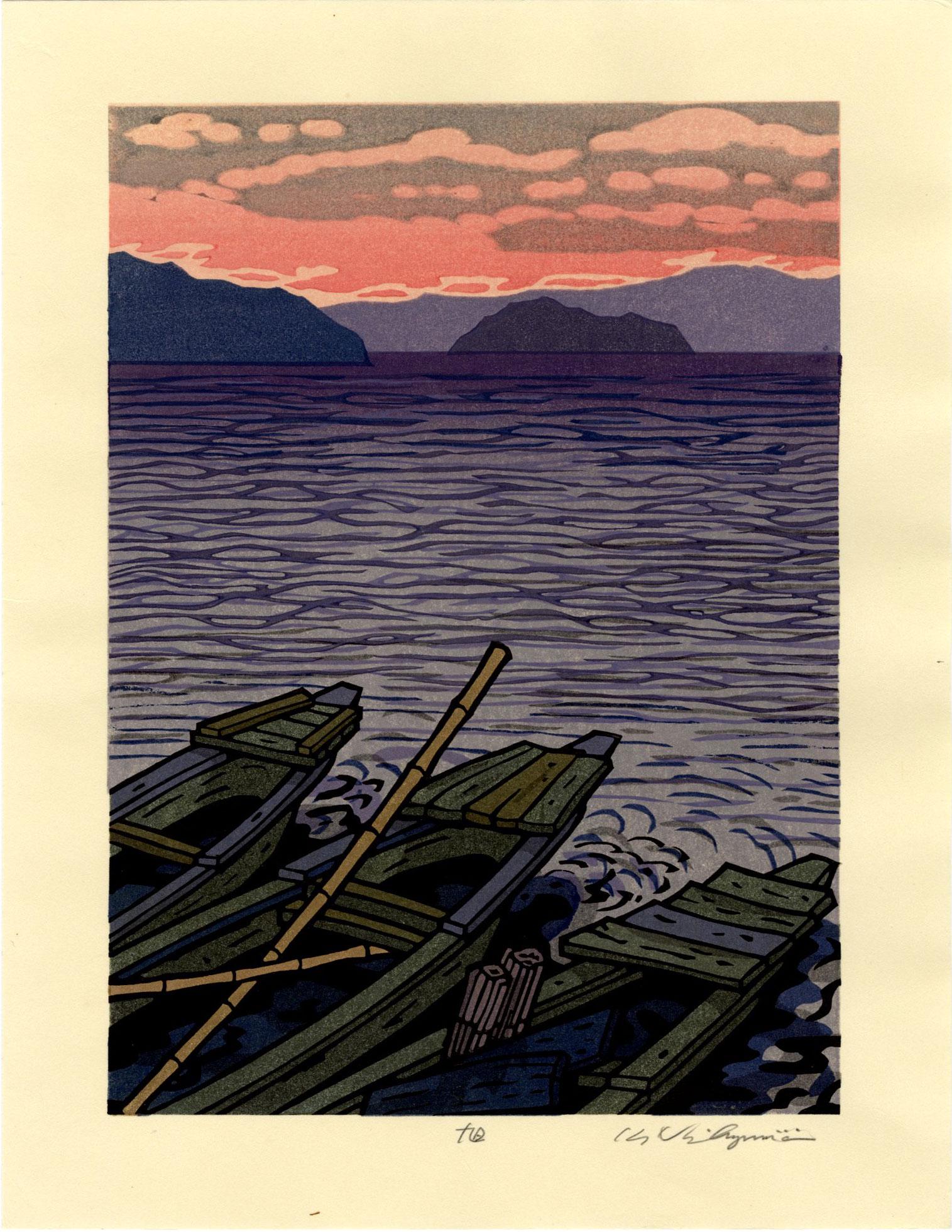 Nishijima Katsuyuki: Sunset Lake Biwa 1990s Woodblock NR (1 of 2)