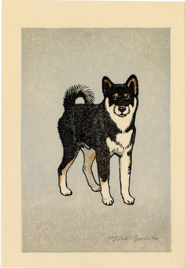 Toshi Yoshida: Monjiro Shiba Dog 1981 Woodblock NR: Japanese Woodblock Print, 1981, later embossed signature edition SIZE IN INCHES: chuban, 7.125 x 10.25 inches TOSHI YOSHIDA (1911-1995) was the eldest son of Hiroshi Yoshida (1876-1950) who began teac