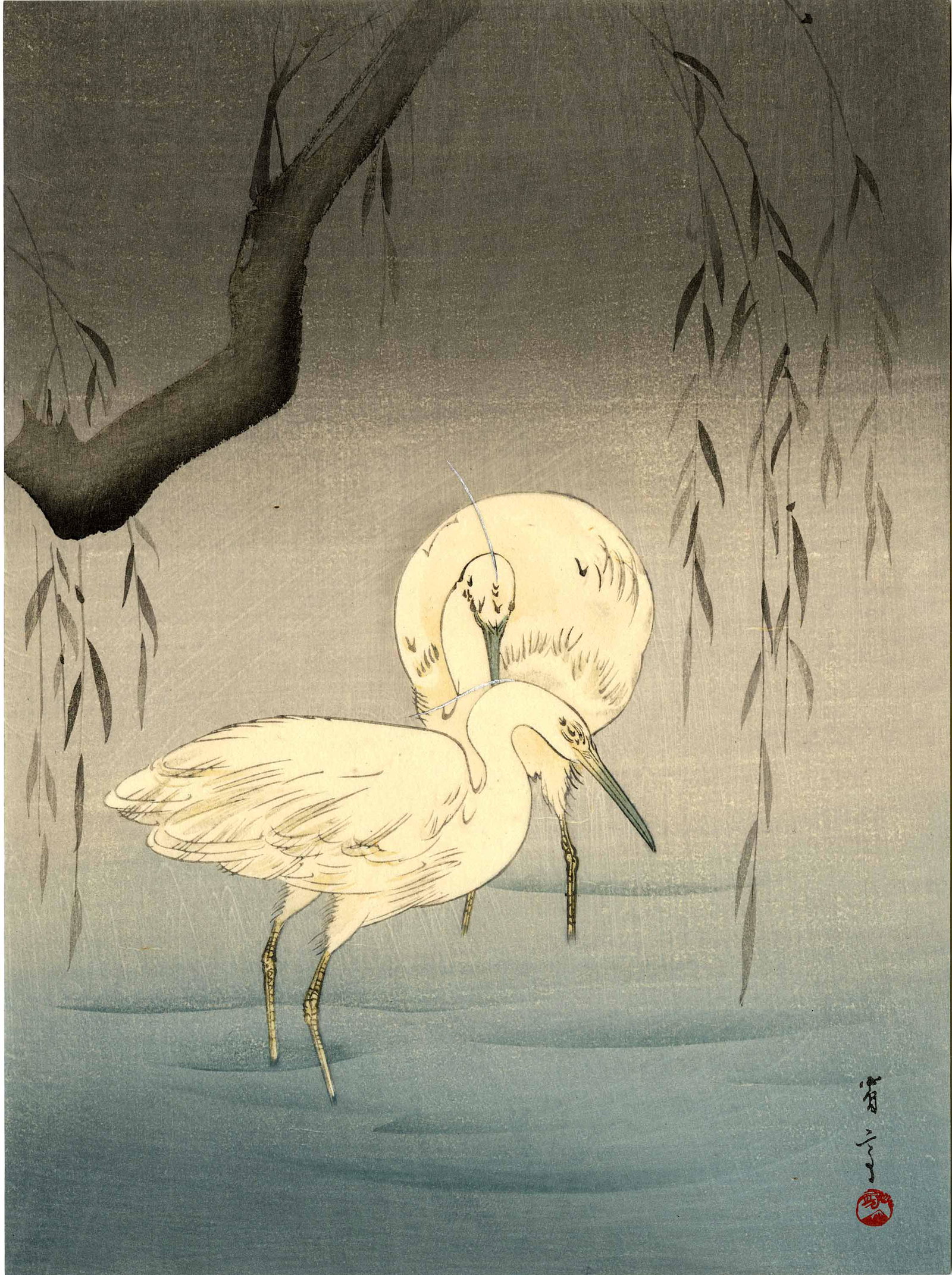 Watanabe Seitei: Wading Egrets and Willow 1920s Woodblock: Japanese Woodblock Print, 1930s, published by the Shima Art Co SIZE IN INCHES: chuban, 7.5 x 10 inches PROVENANCE: From the Robert O. Muller estate SEITEI WATANABE (1851-1918) was born Yoshikawa Yoshi
