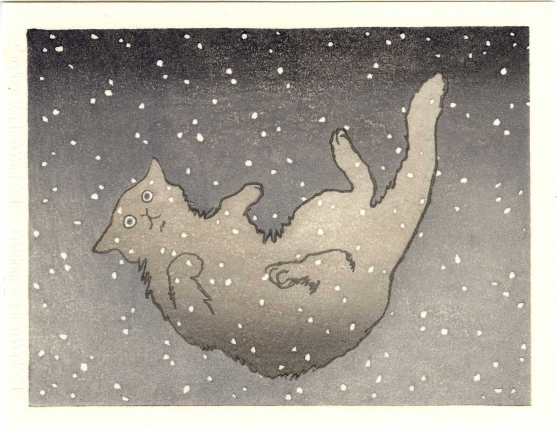 Nicolas Nemiri: Cat Falling in Snow (Gray) Woodblock NR (1 of 2)