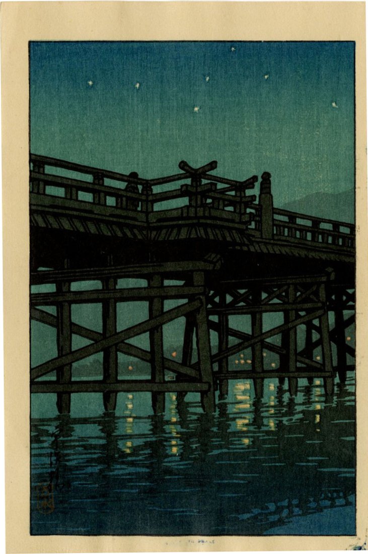 Hasui Kawase: Bridge on a Starry Night, 1930s Woodblock: Japanese Woodblock Print, 1930s, published by Shozaburo Watanabe SIZE IN INCHES: koban, 5 x 7.5 inches COMMENTS: The shin hanga publisher Watanabe produced small prints in three differnt formats: octa