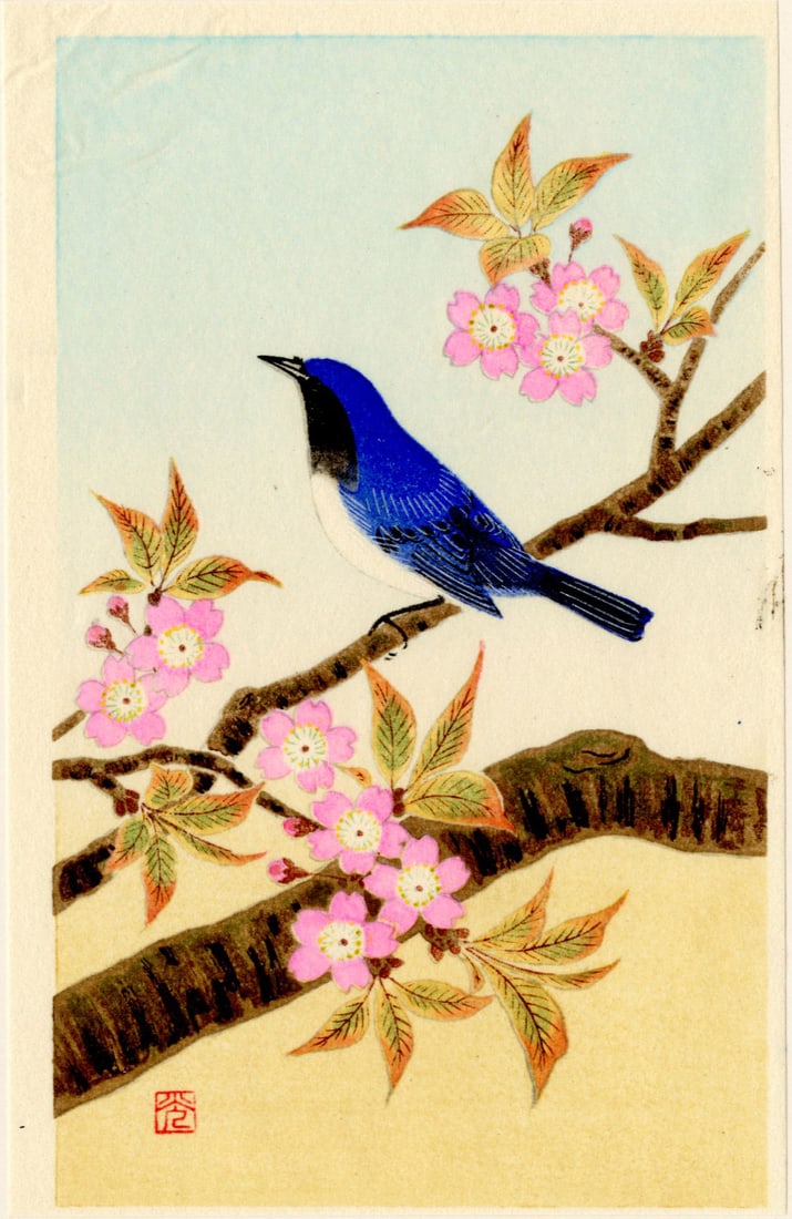 Ashikaga Shizuo: Blue & White Flycatcher Wooblock NR (1 of 2)