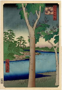 Ando Hiroshige: Paulownia Plantation Woodblock NR: Japanese Woodblock Print, originally published 1856-58 by Uoya Eikichi, this No. 52 from a late 19th century bound edition of "One Hundred Views of Edo". SIZE IN INCHES: oban, 10 x 14 inches COMMENTS: