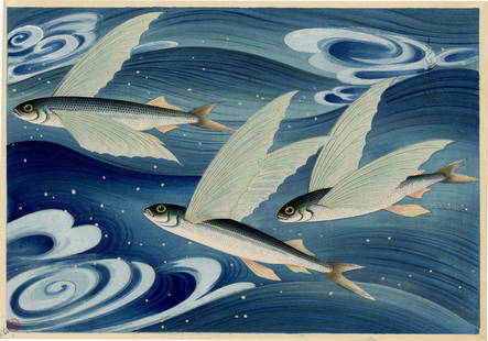 Ohno Bakufu: Flying Fish 1938 Woodblock: Japanese Woodblock Print, 1938, from the series "Familiar Fishes of Nippon, published by Nishinomiya SIZE IN INCHES: oban, 16 x 11 inches COMMENTS: Generally considered Bakufu's masterpiece, "Flying F