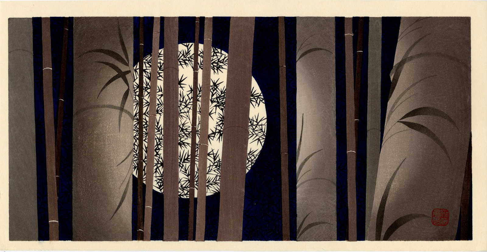 Teruhide Kato: Full Moon & Bamboo, Kyoto 1992 Woodblock: Japanese Woodblock Print, 1992, published by Unsodo SIZE IN INCHES: 9 x 17.5 inches TERUHIDE KATO (1936-2015) was one of Japan's leading kimono designers. He closed down his atelier in 1987 and turned