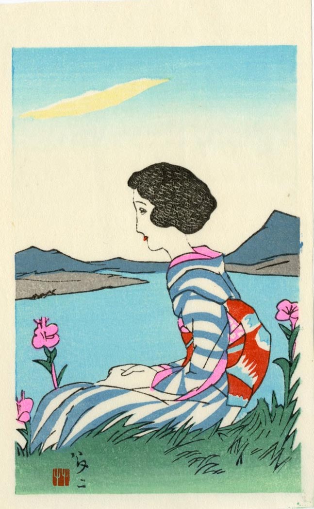 Yumeji Takehisa: Beauty in Summer Woodblock NR: Japanese Woodblock Print, late Showa era, published by Kato Junji SIZE IN INCHES: shikishi, 4.25 x 7 inches TAKEHISA YUMEJI (1884-1934), was a leading figure in the Taisho Romanticism movement which c