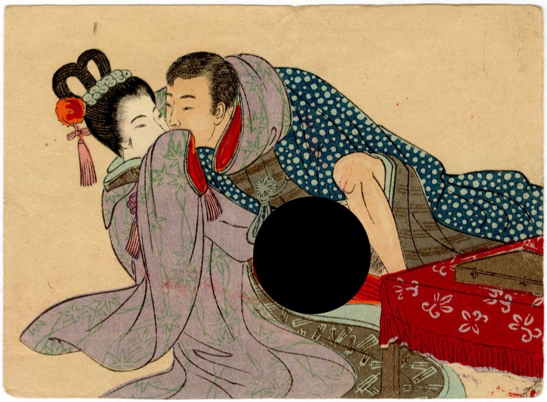 Taisho Era Shunga: Timid Woodblock NR: Japanese Woodblock Print, Late Meiji or Taisho Era (c.1912) SIZE IN INCHES: 5 x 3.75 inches COMMENTS: Shunga is a Japanese term for erotic art. Most shunga are a type of ukiyo-e, usually executed in w