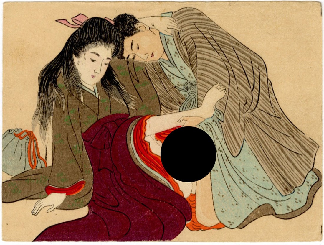 Taisho Era Shunga: Smiling Woodblock NR: Japanese Woodblock Print, Late Meiji or Taisho Era (c.1912) SIZE IN INCHES: 5 x 3.75 inches COMMENTS: Shunga is a Japanese term for erotic art. Most shunga are a type of ukiyo-e, usually executed in w