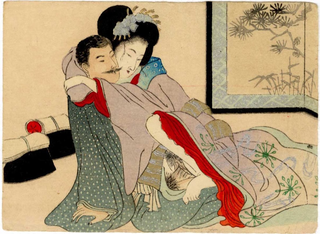 Taisho Era Shunga: Sitting Woodblock NR: Japanese Woodblock Print, Late Meiji or Taisho Era (c.1912) SIZE IN INCHES: 5 x 3.75 inches COMMENTS: Shunga is a Japanese term for erotic art. Most shunga are a type of ukiyo-e, usually executed in w